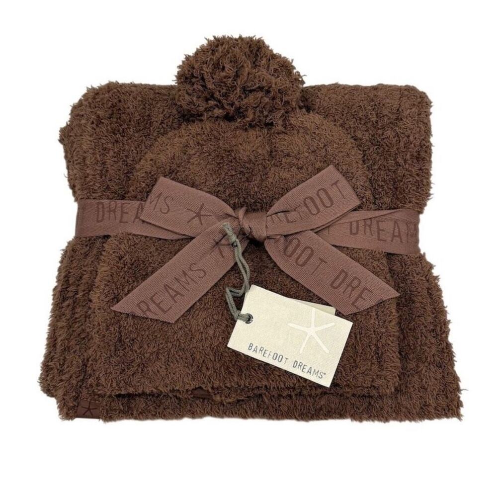 Barefoot Dreams CozyChic Pom Pom Beanie & Scarf Set - Chestnut - OS - NWT